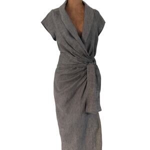 Made in Italy 100% Linen Wrap Dress Womens XL US 12 14 Gray Tie Waist